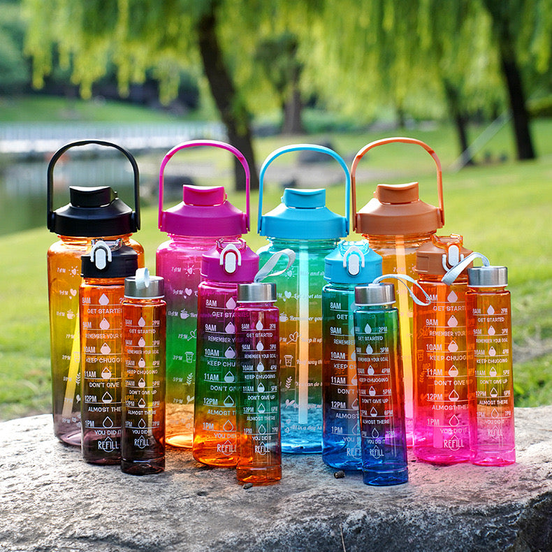 Jezreel Drinking Bottle Set of 3 (2L + 900 ml + 300 ML), Leak-Proof, BPA-Free, Plastic Water Bottle, Straw with Time Markings, Portable for Camping, Bike, School, Car (Rose Red) TZ-3 Pieces