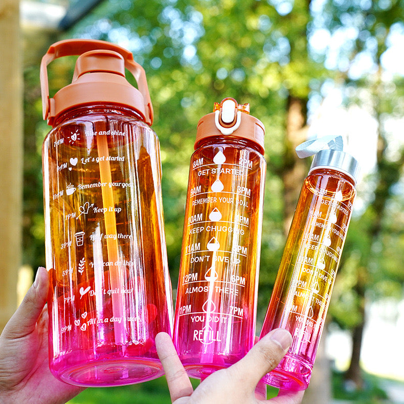 Jezreel Drinking Bottle Set of 3 (2L + 900 ml + 300 ML), Leak-Proof, BPA-Free, Plastic Water Bottle, Straw with Time Markings, Portable for Camping, Bike, School, Car (Rose Red) TZ-3 Pieces