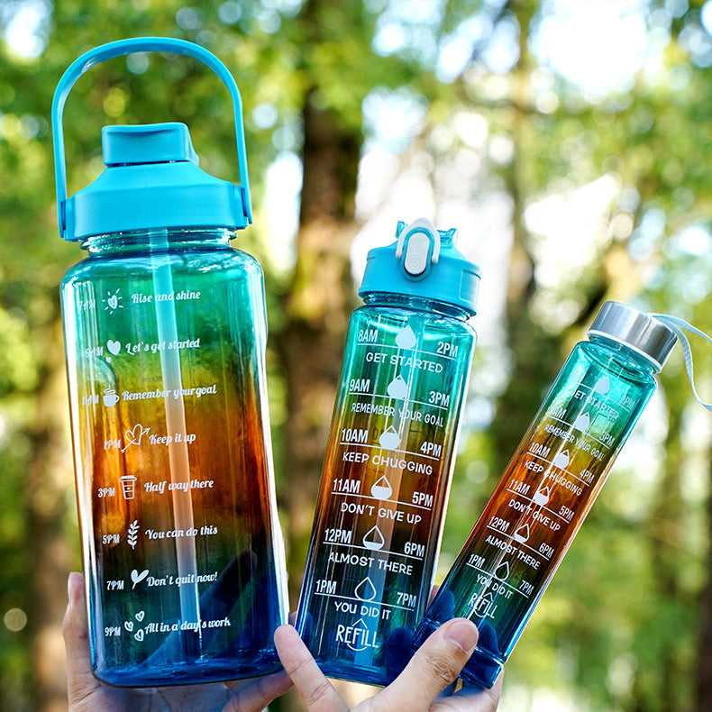 Jezreel Drinking Bottle Set of 3 (2L + 900 ml + 300 ML), Leak-Proof, BPA-Free, Plastic Water Bottle, Straw with Time Markings, Portable for Camping, Bike, School, Car (Rose Red) TZ-3 Pieces