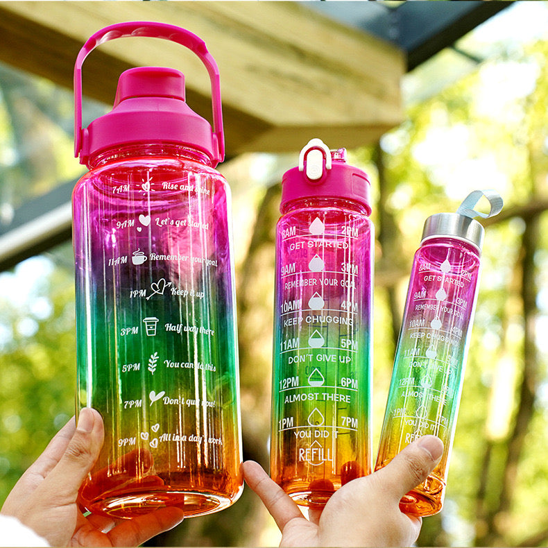 Jezreel Drinking Bottle Set of 3 (2L + 900 ml + 300 ML), Leak-Proof, BPA-Free, Plastic Water Bottle, Straw with Time Markings, Portable for Camping, Bike, School, Car (Rose Red) TZ-3 Pieces